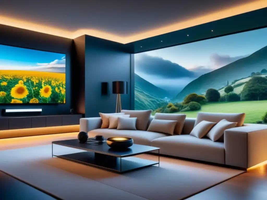 Sala de estar de lujo inteligente con tecnología de vanguardia Salón moderno de lujo con domótica, elegante y confortable