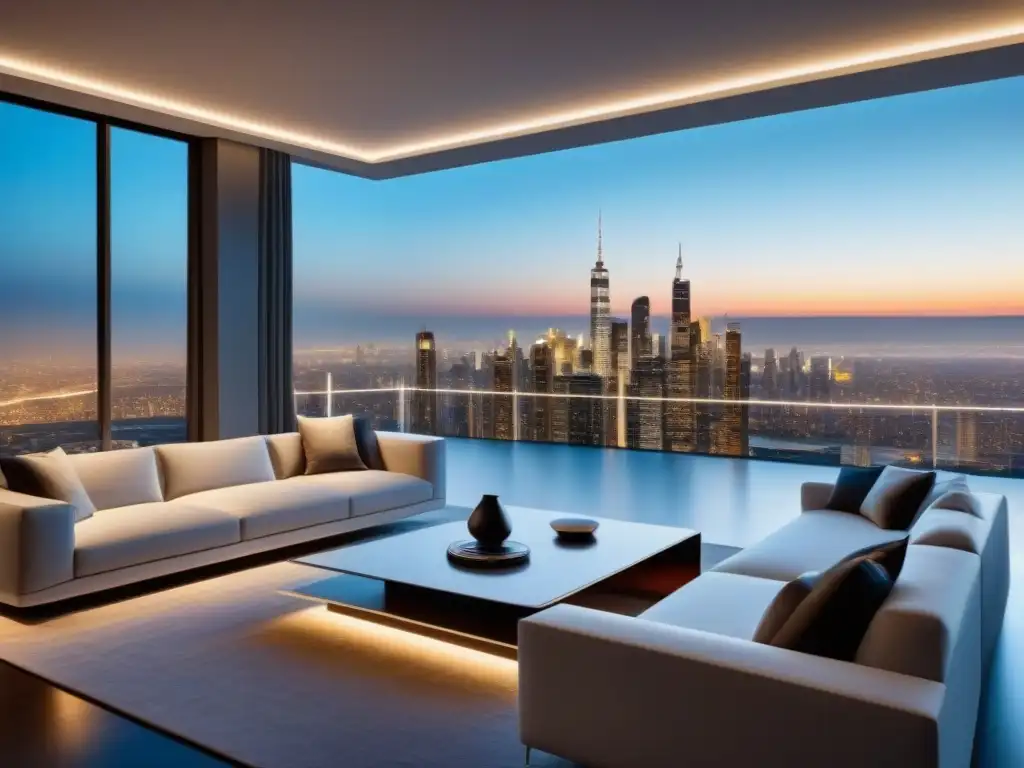 Salón de lujo en casa inteligente: innovación y sofisticación Un salón moderno de lujo en un hogar inteligente con tecnología de vanguardia y vista nocturna de la ciudad