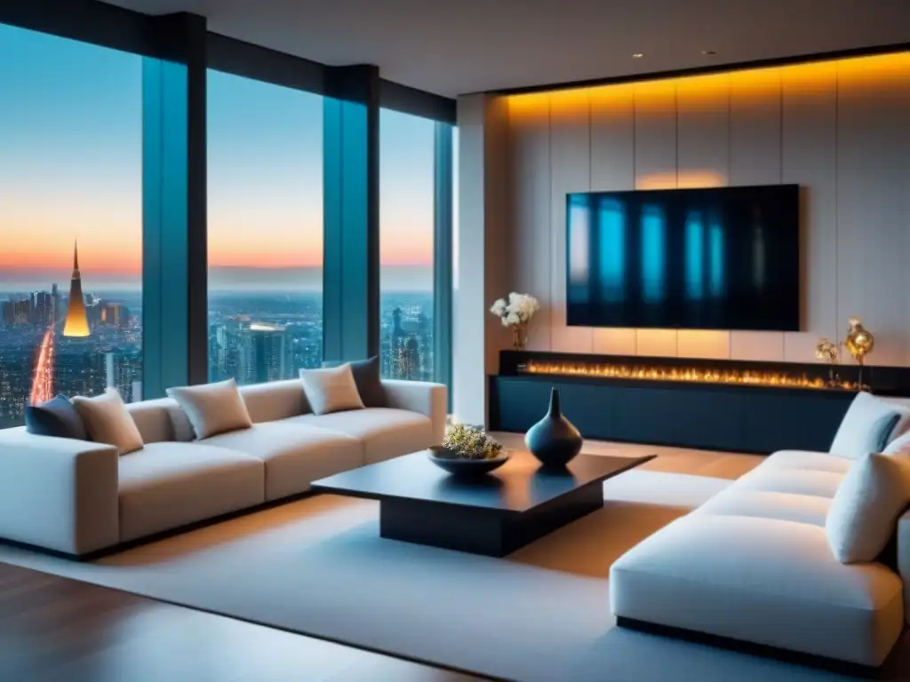 Sala de estar de lujo con vista a la ciudad: sofisticación y elegancia Salón moderno de lujo con impresionante skyline urbano