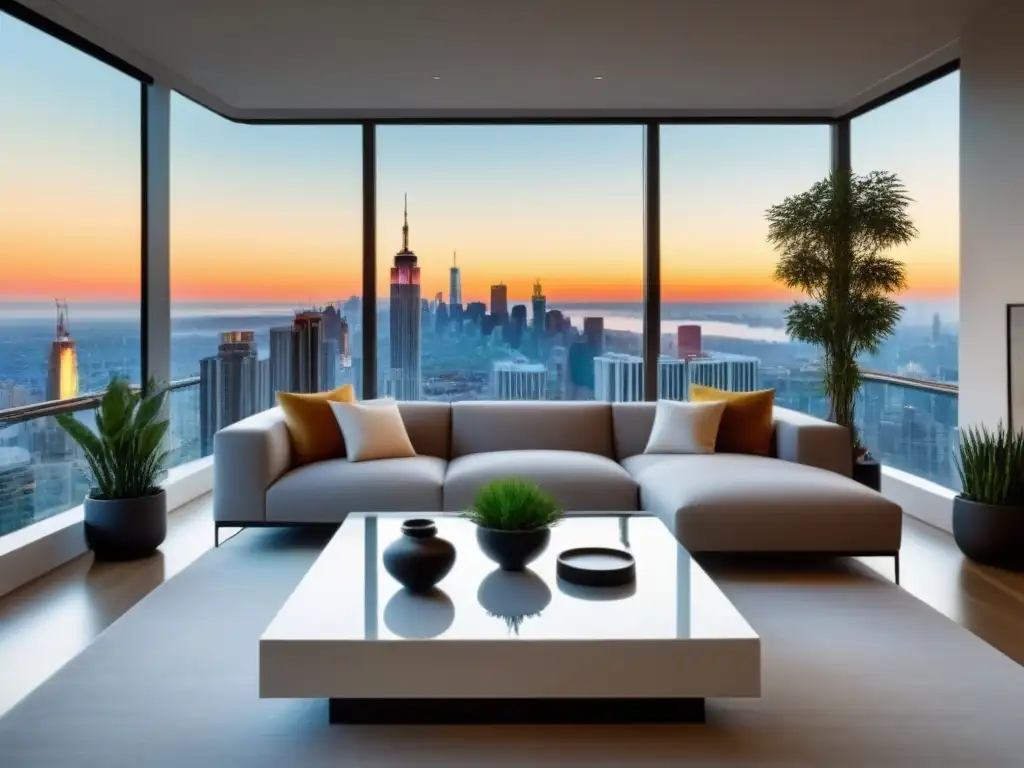 Sala de estar de lujo con vista a la ciudad al atardecer Salón moderno de lujo con mobiliario elegante, sofá acogedor, arte contemporáneo y vista a la ciudad al atardecer