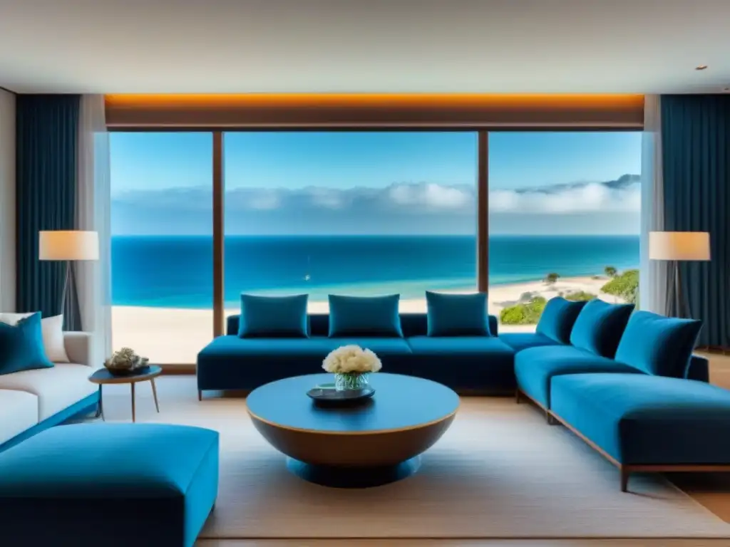 Salón moderno de lujo con vista al mar Un salón moderno de lujo con mobiliario elegante y ventana grande con vista al mar, diseño contemporáneo que irradia sofisticación y tranquilidad