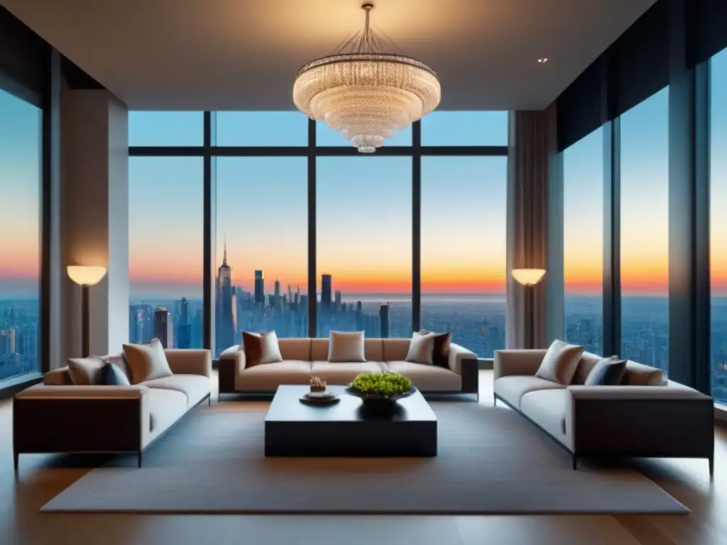 Salón de lujo moderno con vista a la ciudad Un salón moderno de lujo con mobiliario contemporáneo, decoración elegante y vista urbana