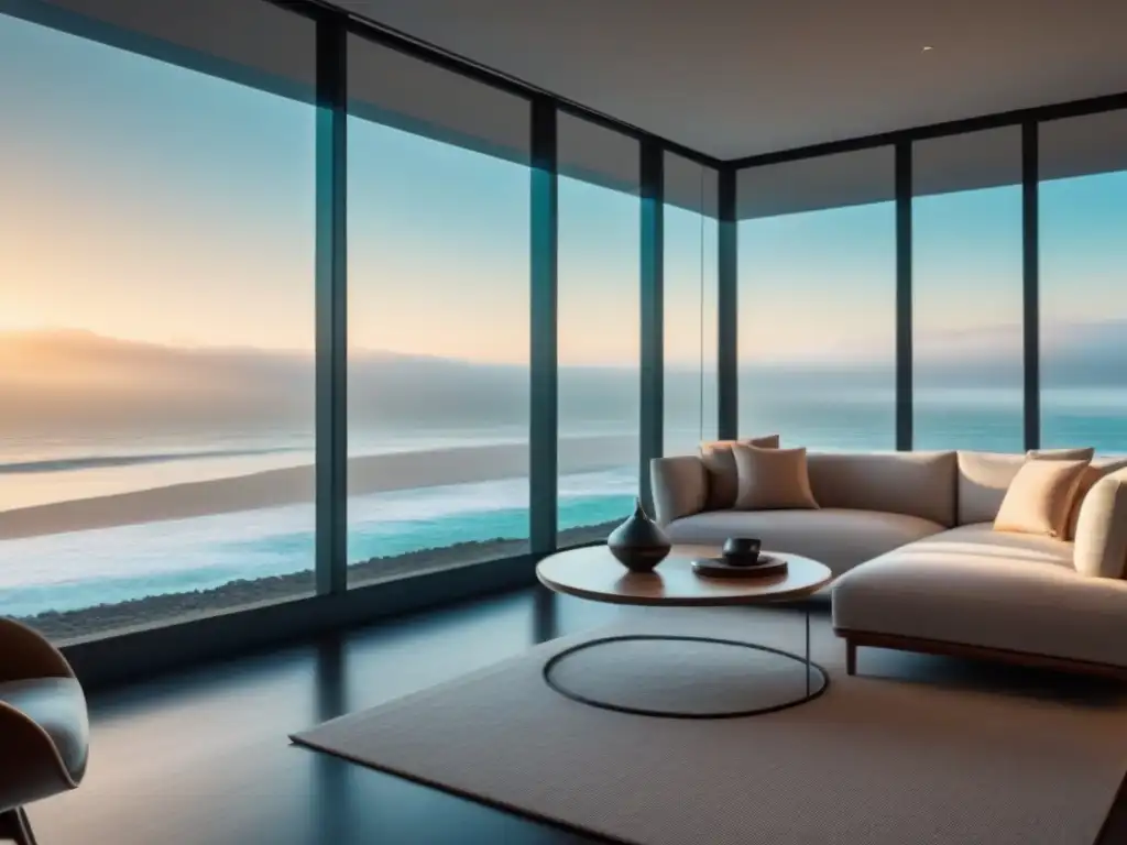Salón de lujo frente al mar: sofisticación y calidez Un salón moderno de lujo con muebles elegantes y vista a la playa