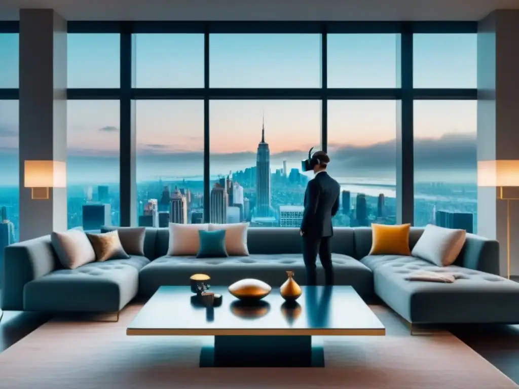 Sala de estar moderna de lujo con realidad virtual Un salón moderno de lujo con muebles elegantes y una ciudad impresionante a través de grandes ventanas