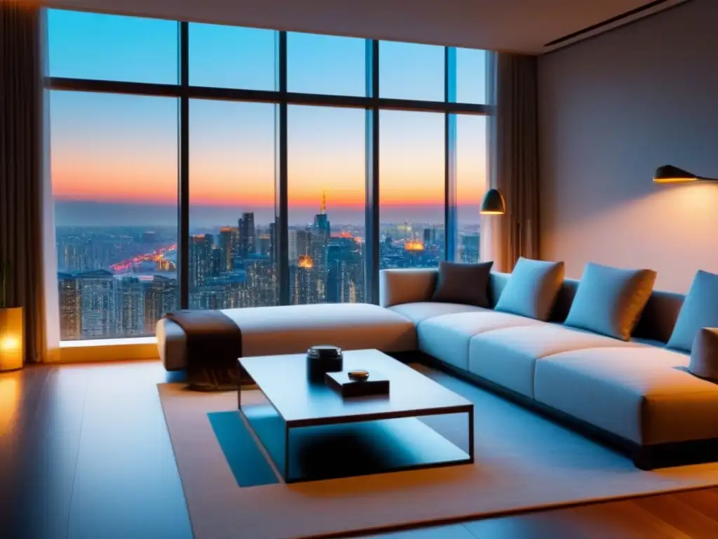 Salón de lujo con vista urbana al atardecer Salón moderno de lujo en propiedad internacional, amueblado con elegancia y vista panorámica urbana al atardecer