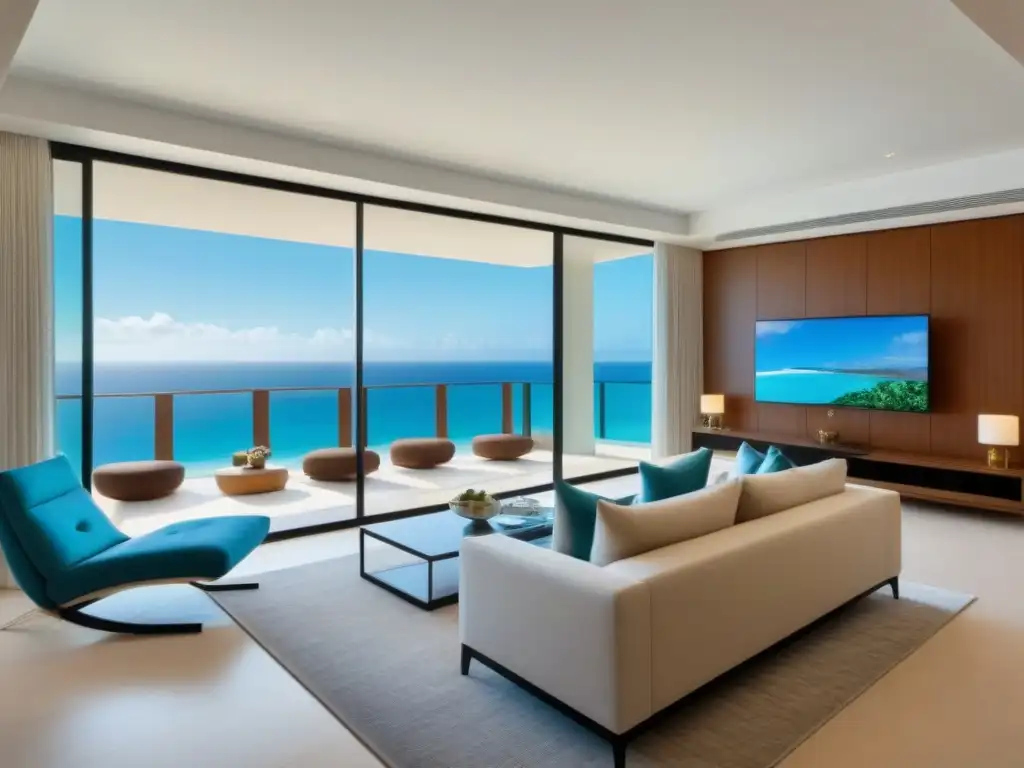 Salón de lujo en propiedad compartida con vistas al mar Un salón moderno de lujo en una propiedad de tiempo compartido, con mobiliario elegante y vista al mar