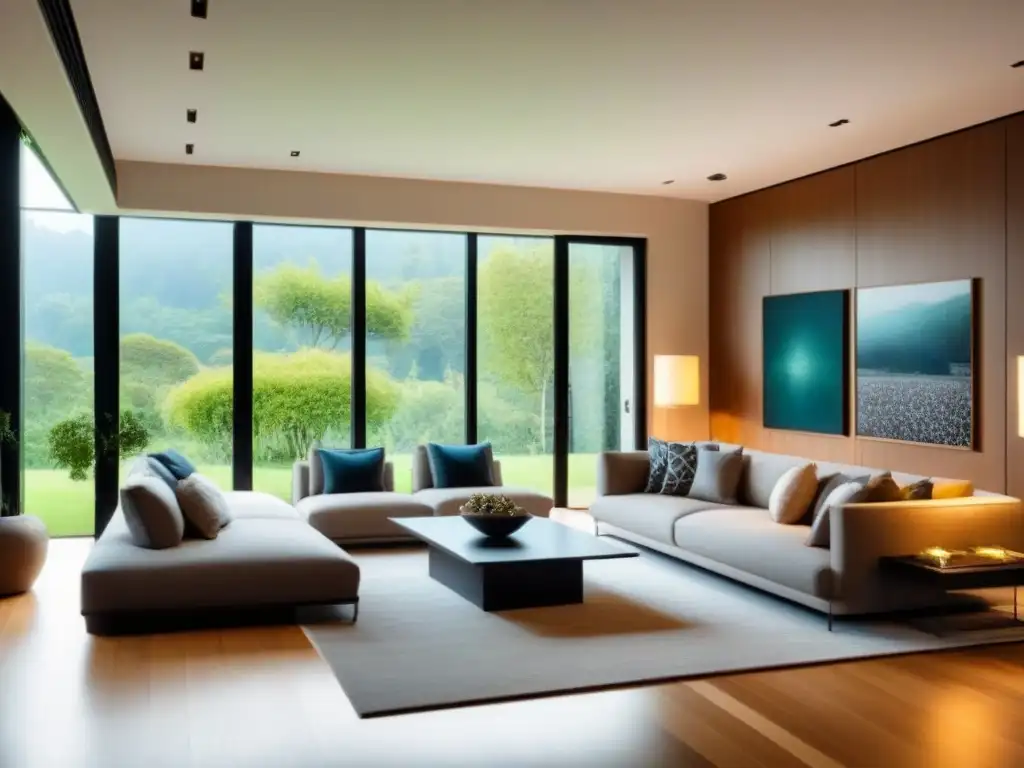 Salón de lujo sostenible: diseño eco-chic en armonía Salón moderno de lujo en residencia sostenible, con mobiliario ecofriendly y vista a jardín verde