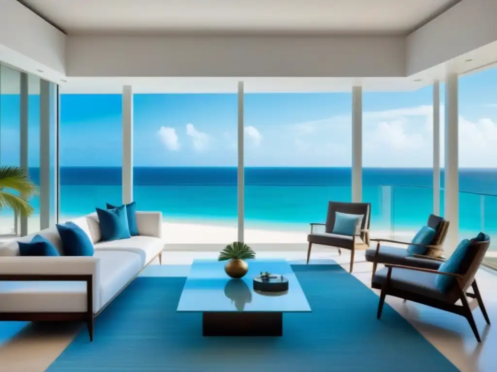 Salón de lujo en resort de playa: sofisticación y relax Un salón moderno de lujo en un resort de alta gama con vistas a una impresionante playa tropical