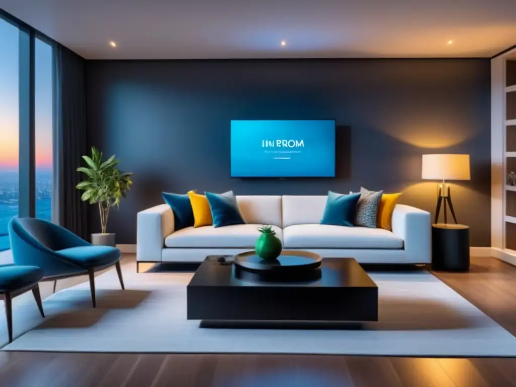 Salón de lujo con tecnología domótica: elegancia y confort Salón moderno de lujo con tecnología domótica, decoración contemporánea y confort