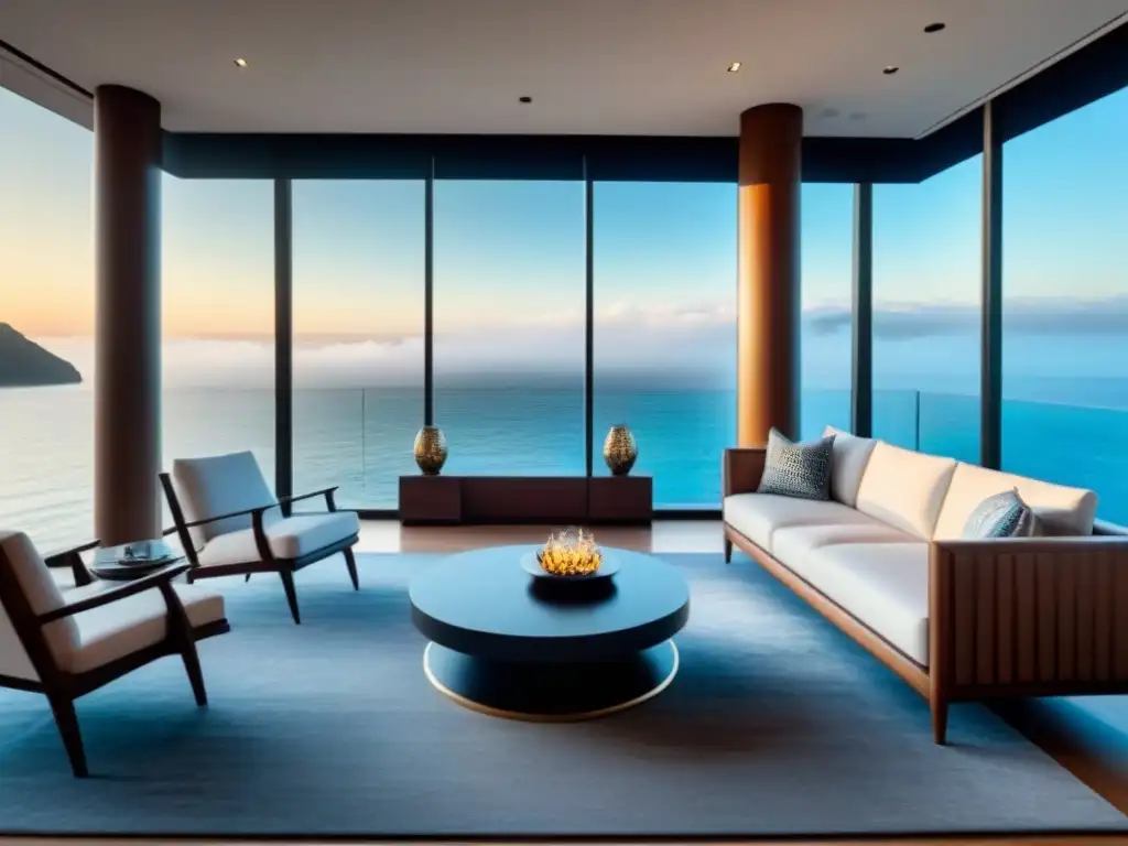 Sala de estar de lujo con vista al mar en timeshare exclusivo Un salón moderno de lujo en un tiempo compartido de alta gama, con vista al mar