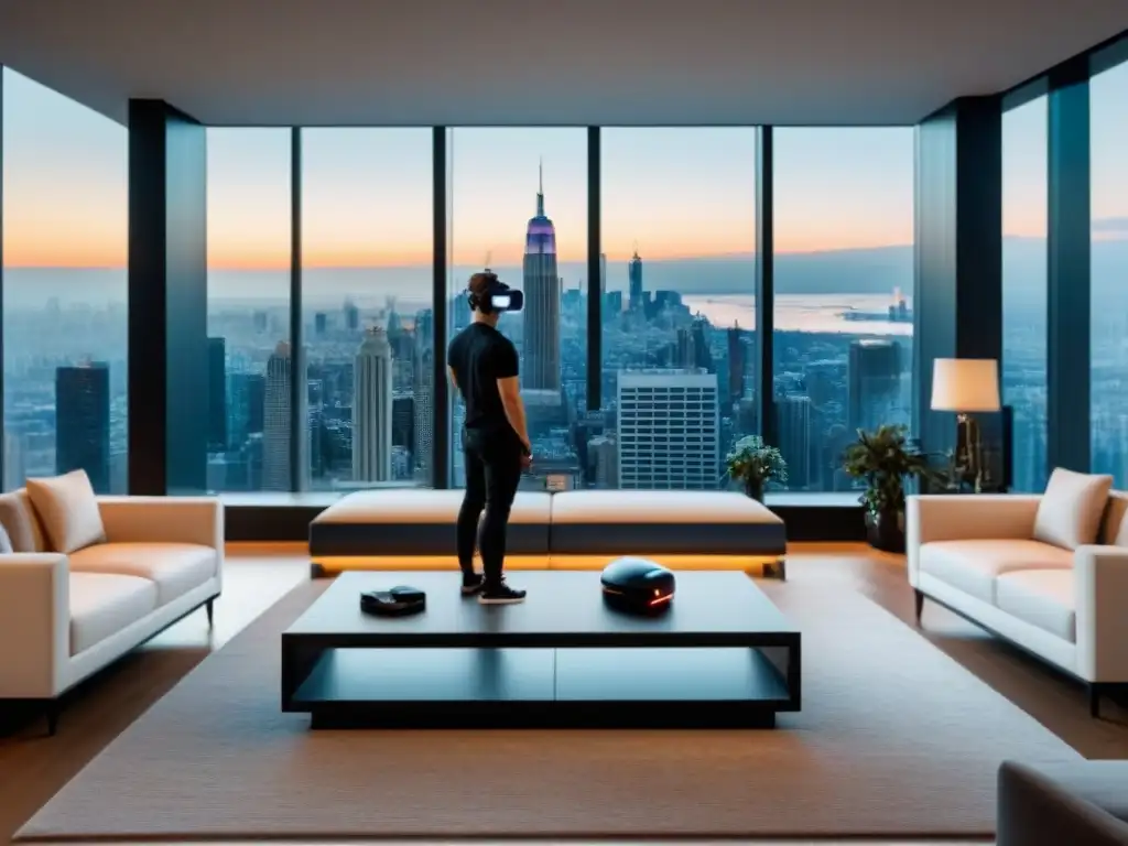 Salón de lujo con VR: la casa del futuro en la ciudad Salón moderno de lujo con tecnología VR, ventanales con vista urbana y muebles elegantes