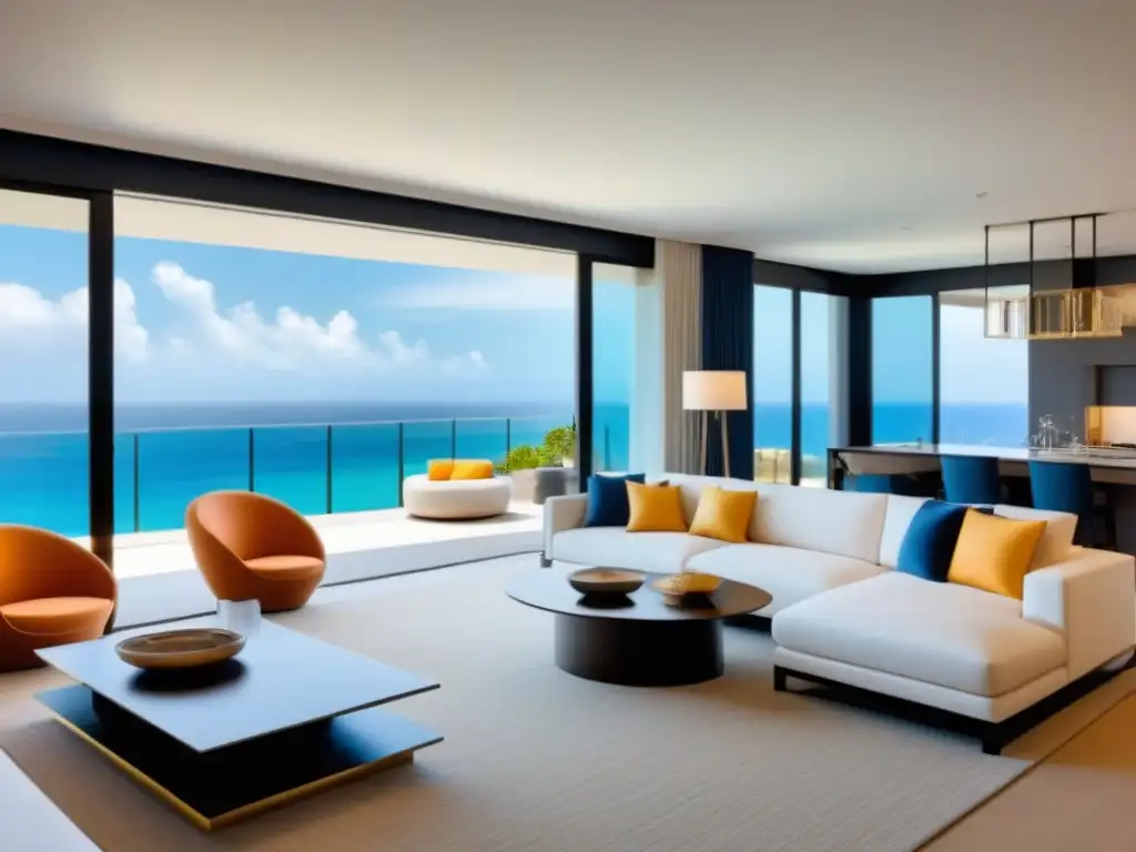 Villa de lujo con vistas al mar: elegancia y relajación Un salón moderno de lujo en una villa de tiempo compartido de alta gama, con decoración elegante y vista al mar, ideal para los beneficios de invertir en tiempo compartido de lujo