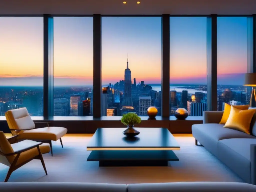 Salón moderno de lujo con vista panorámica de ciudad Salón moderno de lujo con vista panorámica a la ciudad de Norteamérica, muebles contemporáneos y arte vibrante al atardecer