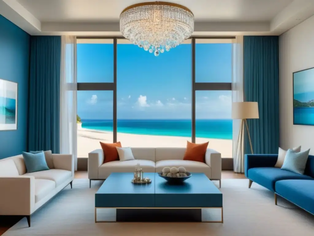 Salón moderno de lujo con vista a la playa Salón moderno de lujo con vista a la playa, decoración elegante y documentación reventa tiempo compartido guía