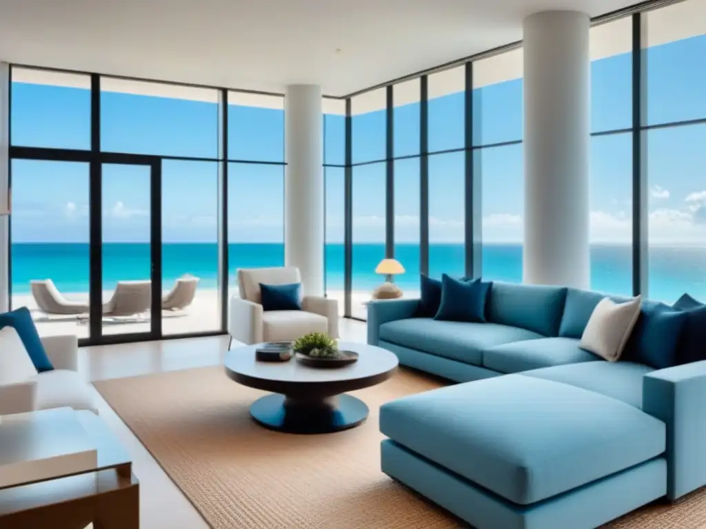 Salón de lujo con vista a la playa: diseño contemporáneo y elegante Un salón moderno de lujo con vista a la playa, diseño elegante y paleta de colores serena, iluminado naturalmente