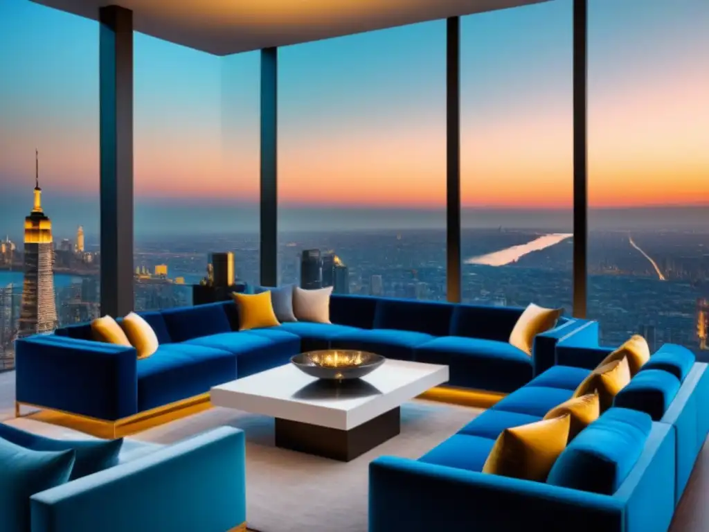 Salón moderno de lujo con vista panorámica al atardecer Un salón moderno de lujo con vista a la ciudad al atardecer
