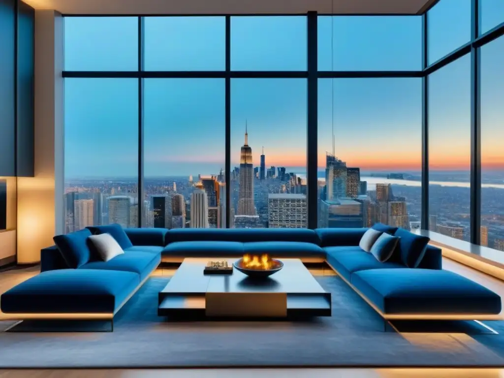 Salón de lujo con vista panorámica a la ciudad y diseño moderno Un salón moderno de lujo con vista panorámica a la ciudad, tonos elegantes y muebles sofisticados