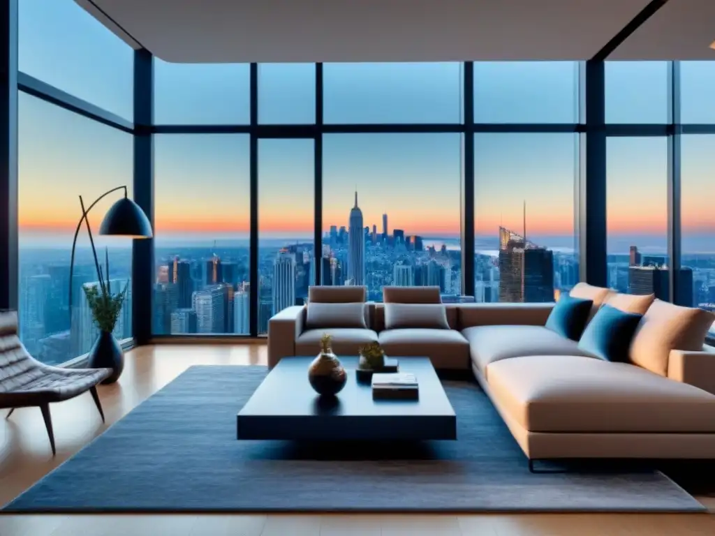 Salón de lujo con vista panorámica a la ciudad Salón moderno de lujo con vista urbana, muebles elegantes y arte contemporáneo