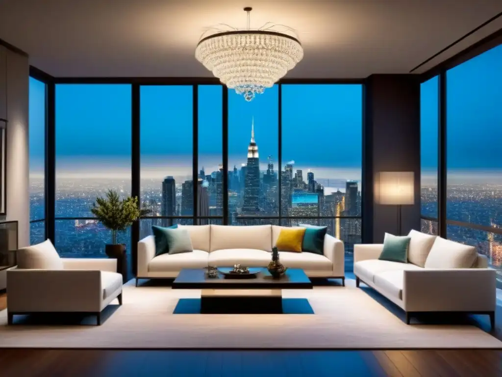 Sofisticado salón de lujo con vistas nocturnas a la ciudad Salón moderno de lujo con vista nocturna de la ciudad, chandelier de cristal y arte contemporáneo