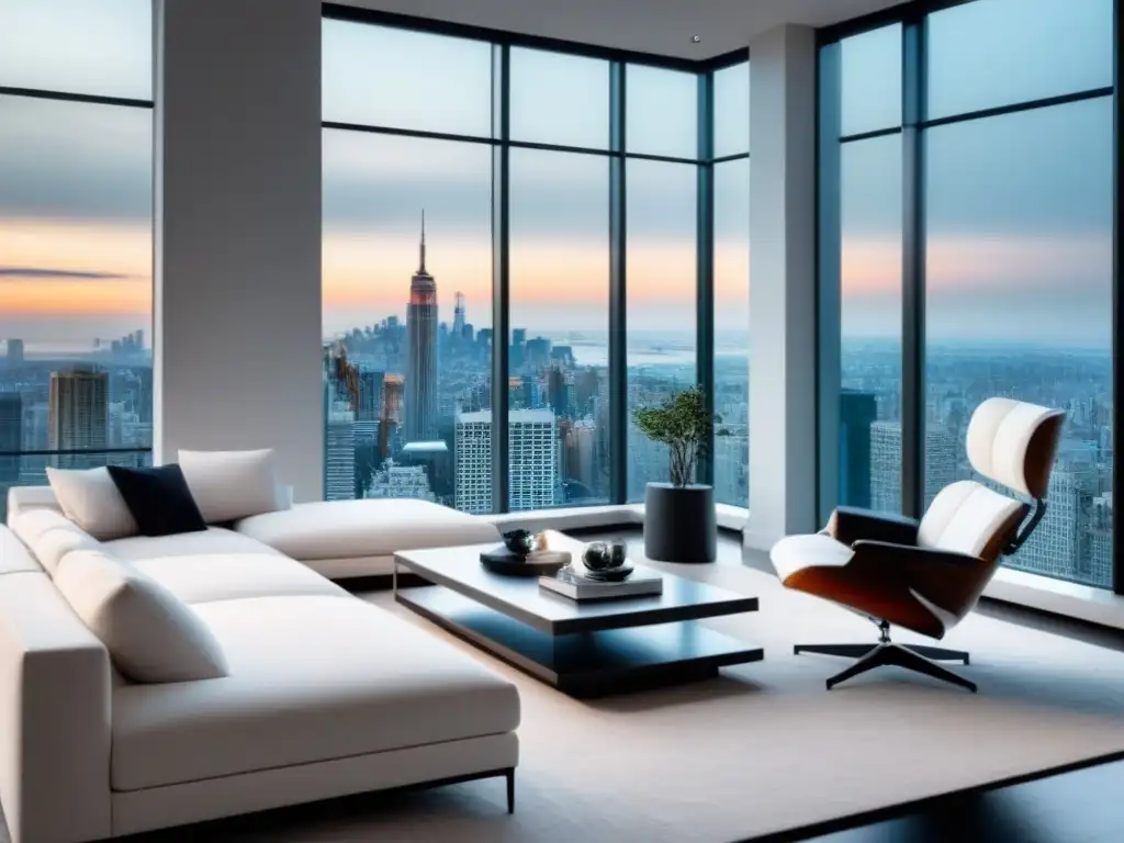 Sala de estar moderna y lujosa con vistas a la ciudad Salón moderno de lujo con vista a la ciudad, muebles contemporáneos, decoración minimalista y paleta de blancos, grises y acentos metálicos