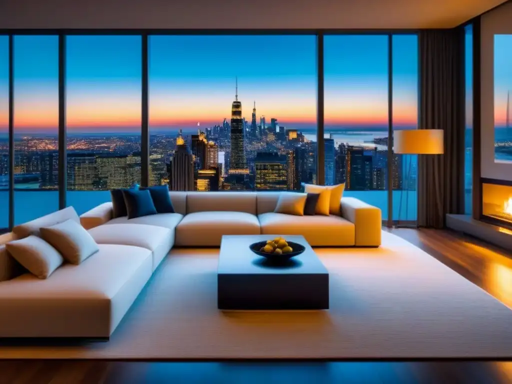 Salón de lujo con vista nocturna de la ciudad Salón moderno de lujo con vista nocturna de la ciudad y mobiliario contemporáneo