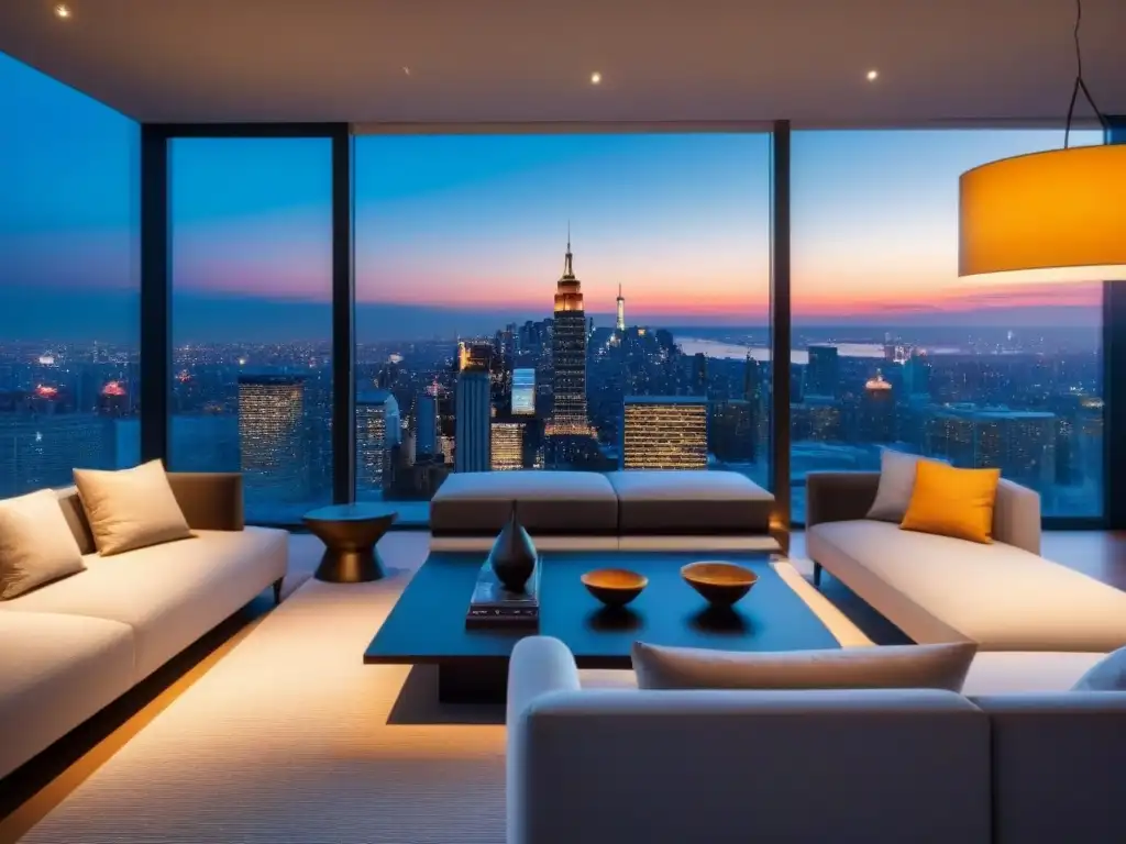 Salón moderno de lujo con vista a la ciudad al atardecer, ideal para el marketing inmobiliario internacional temporada baja