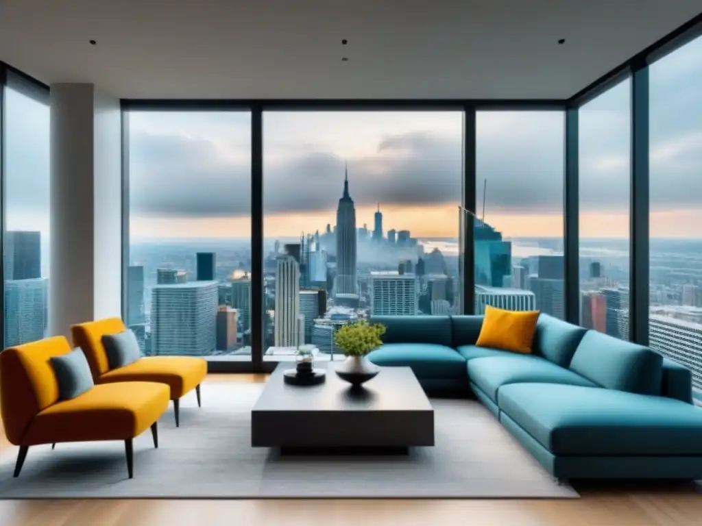 Sala de estar moderna y lujosa con vista a la ciudad Salón moderno de lujo con vista a la ciudad, muebles elegantes y toques de color, ideal para preferencias inmobiliarias familiares internacionales