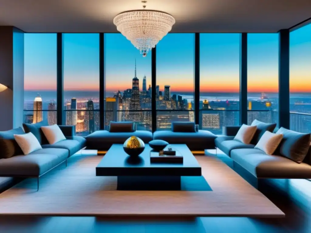 Sala de lujo contemporánea con vista a la ciudad Salón moderno de lujo con vistas a la ciudad y decoración elegante, ideal para estrategias de venta en propiedad de lujo