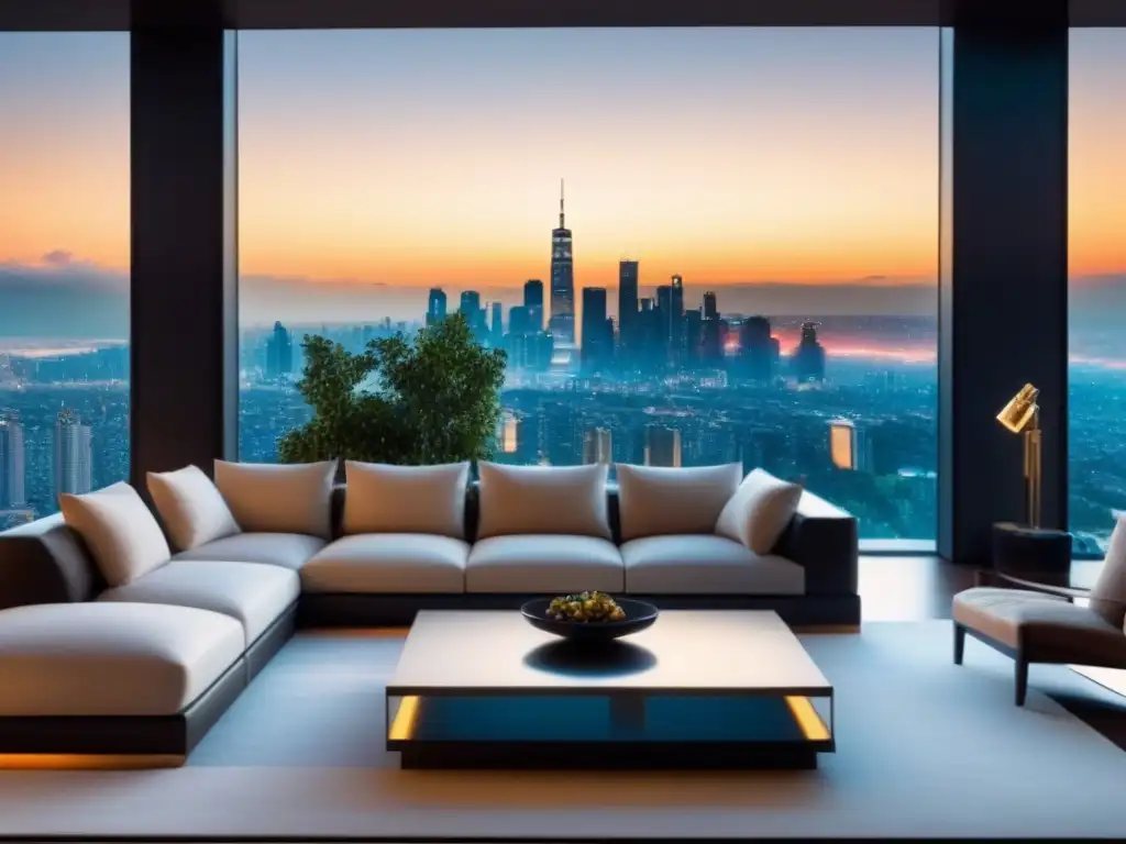 Sala de estar de lujo con vista panorámica a la ciudad Salón moderno de lujo con vistas a la ciudad desde ventana de cristal