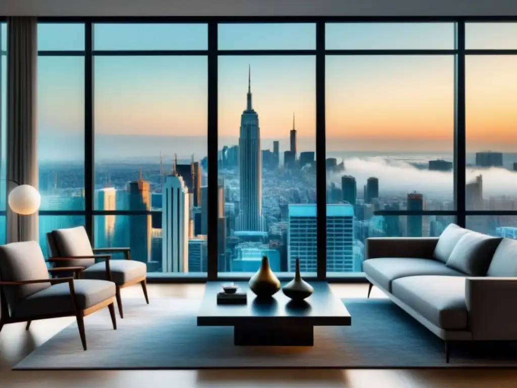 Salón de lujo con vista urbana para inversores inmobiliarios Salón moderno de lujo con vistas a la ciudad, mobiliario elegante y toques de verde, para artículo sobre Tasas de interés ocultas inversión inmobiliaria