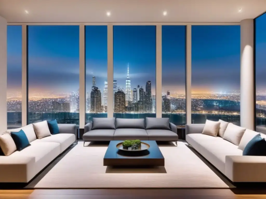 Salón de lujo con vistas a la ciudad de noche: inversión inmobiliaria internacional Salón moderno de lujo con vistas a la ciudad de noche