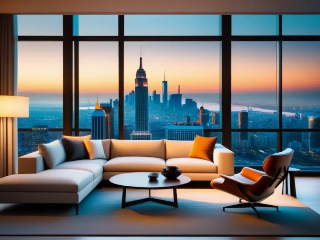 Salón moderno de lujo con vistas a la ciudad al atardecer Salón moderno de lujo con vistas a la ciudad al atardecer, ideal para negociar ofertas bajas tiempo compartido