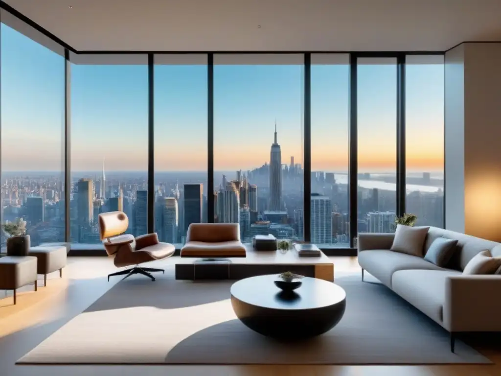 Sala de estar de lujo: diseño vanguardista y elegancia minimalista Un salón moderno y lujoso con diseño minimalista, muebles de alta gama y tecnología inteligente, bañado por luz natural, con vista a la ciudad