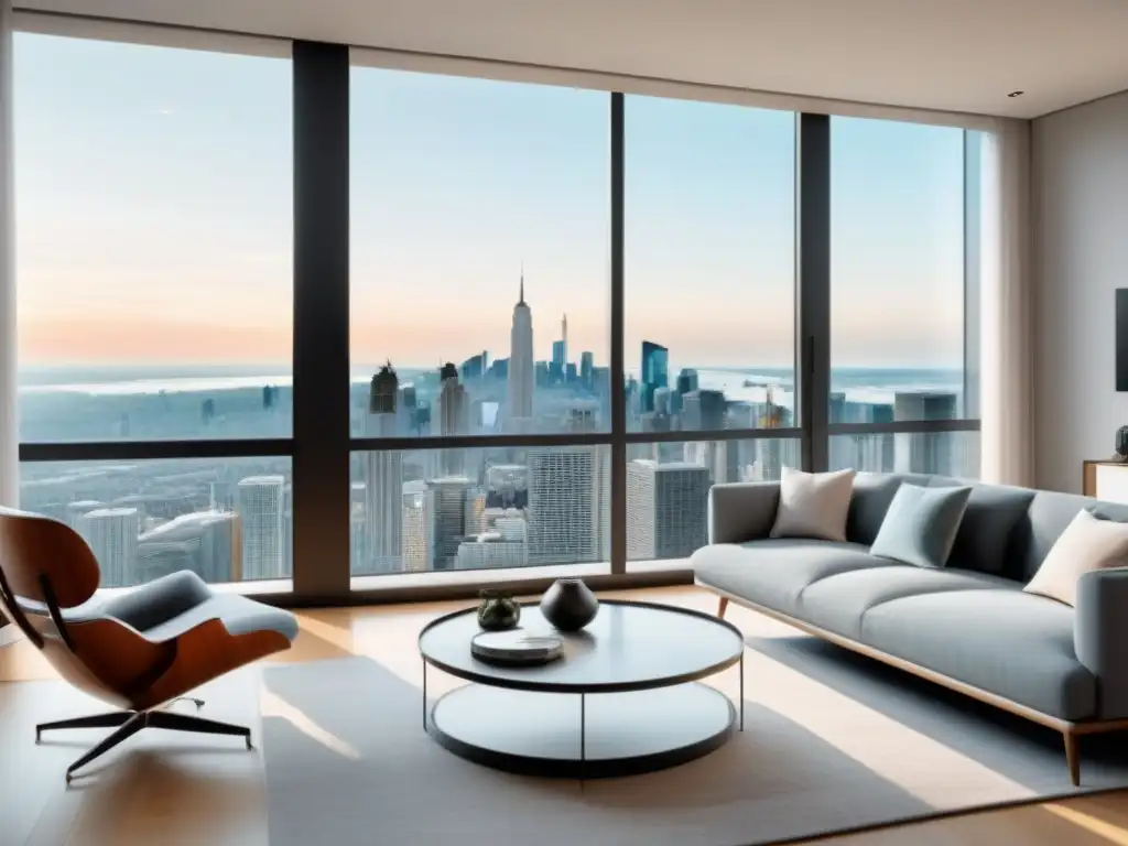 Salón moderno en rascacielos de lujo: diseño elegante con vista panorámica Salón moderno en un lujoso edificio con vista urbana