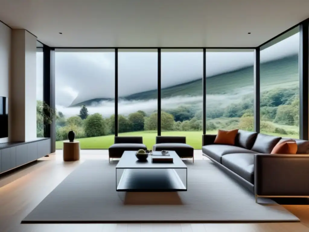 Sala de estar de lujo con tecnología inteligente y diseño moderno Un salón moderno y lujoso con muebles sofisticados, tecnología inteligente y sensores de movimiento integrados