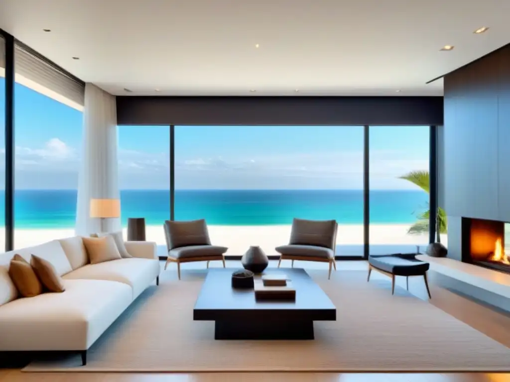 Sala de estar moderna y lujosa frente al mar Salón moderno y lujoso en propiedad vacacional frente al mar, con vista al océano y decoración costera elegante
