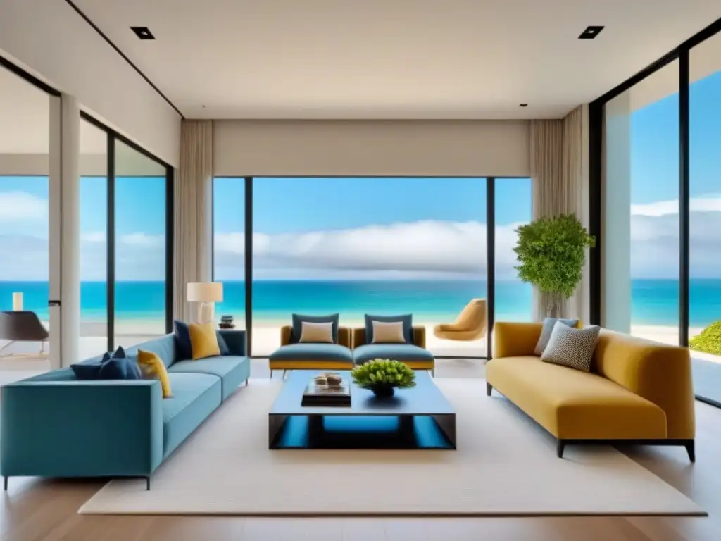Sala de estar moderna de lujo con vista a la playa Un salón moderno y lujoso con vista a la playa, decorado elegantemente para el perfil del huésped ideal