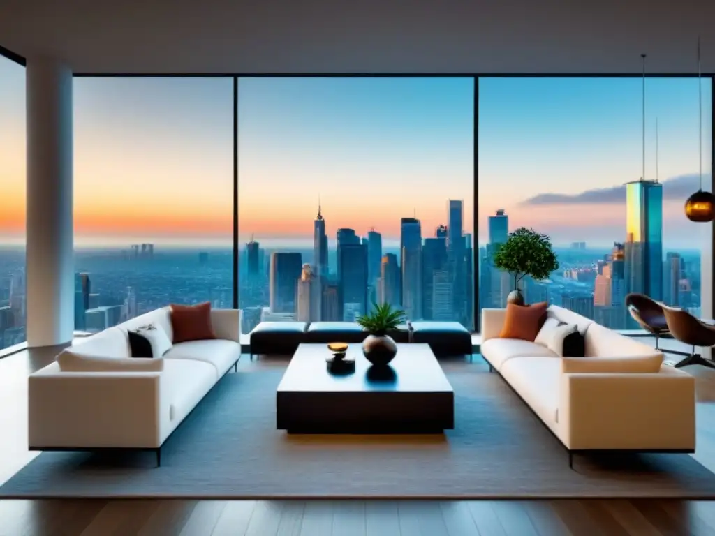 Sala de estar de lujo con vista a la ciudad y diseño moderno Un salón moderno y lujoso con vistas a la ciudad, muebles elegantes y arte contemporáneo, ideal para anuncios inmobiliarios efectivos en Facebook