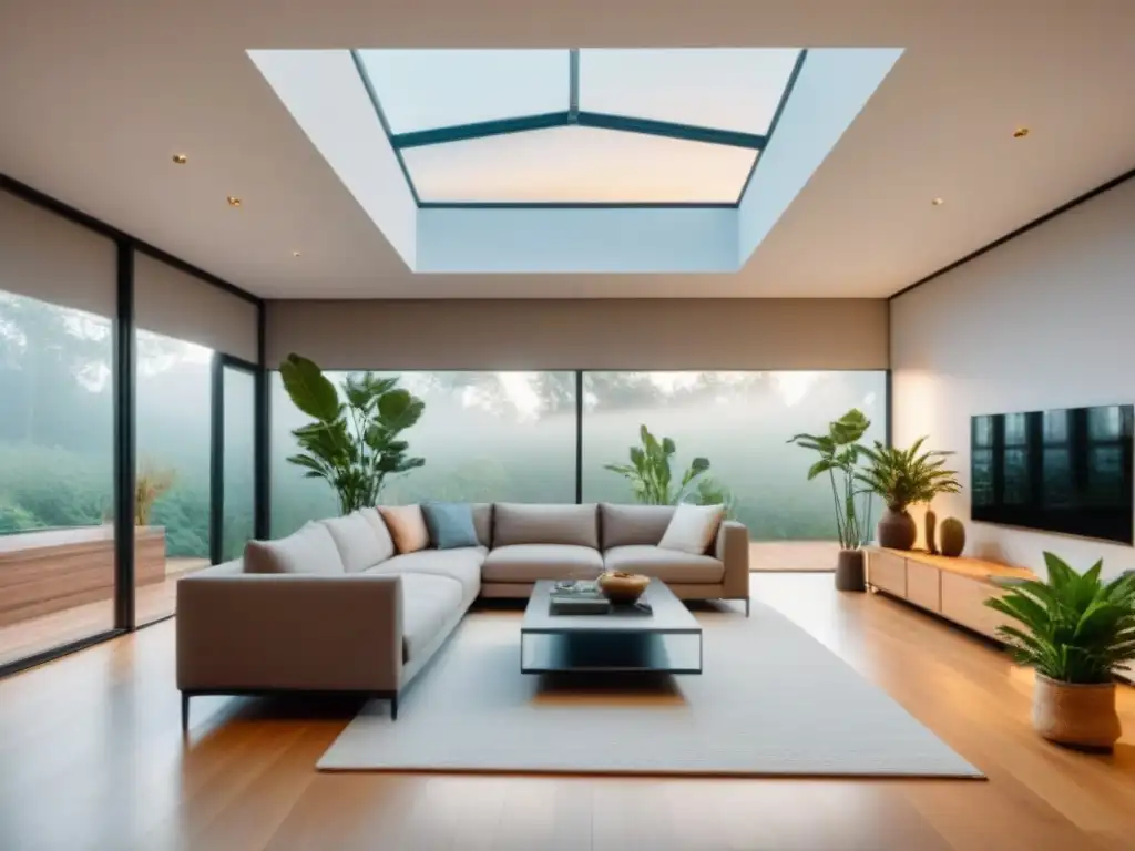 Salón moderno y luminoso con diseño ecofriendly y plantas exuberantes Un salón moderno y luminoso con iluminación solar tubular, decoración minimalista y plantas exuberantes