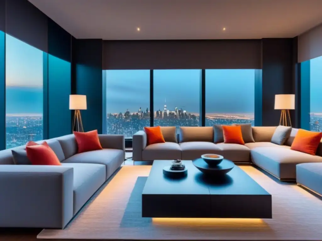 Salón moderno en Smart Home con vista urbana Salón moderno en Smart Home con mobiliario contemporáneo y control central, destacando Smart Homes en mercado inmobiliario