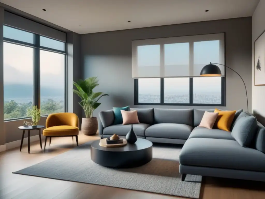 Salón moderno: equilibrio entre estilo y confort Un salón moderno con muebles elegantes, tonos neutros y toques de color, arte llamativo en la pared y mucha luz natural