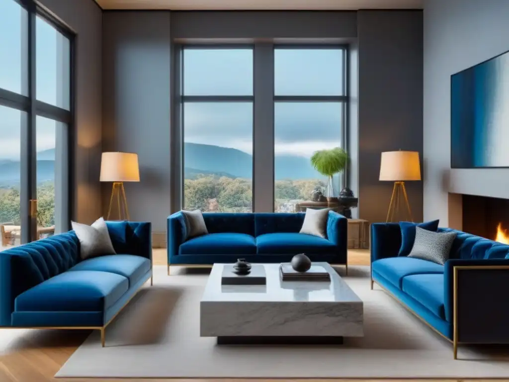 Sala de estar elegante con paleta de colores sofisticada Salón moderno con paleta de colores para aumentar valor propiedad: paredes grises, sofás azules, mesa de mármol y arte abstracto vibrante