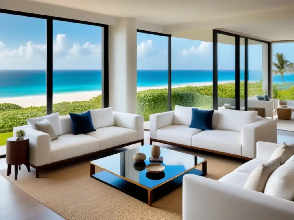 Salón de lujo en resort: sofisticación frente al mar Un salón moderno y sereno en un lujoso tiempo compartido con vista a la playa