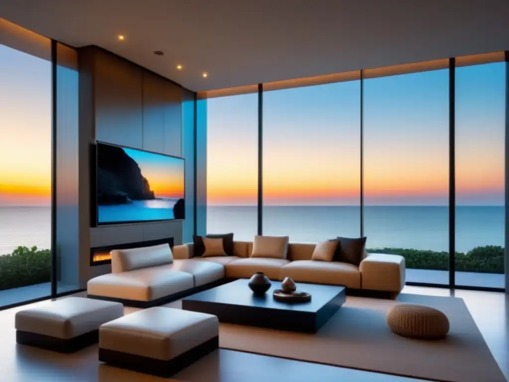 Sofisticada sala de estar con vista a la playa al atardecer Salón moderno y sereno con vista a la playa al atardecer, ideal para evaluar precios de venta