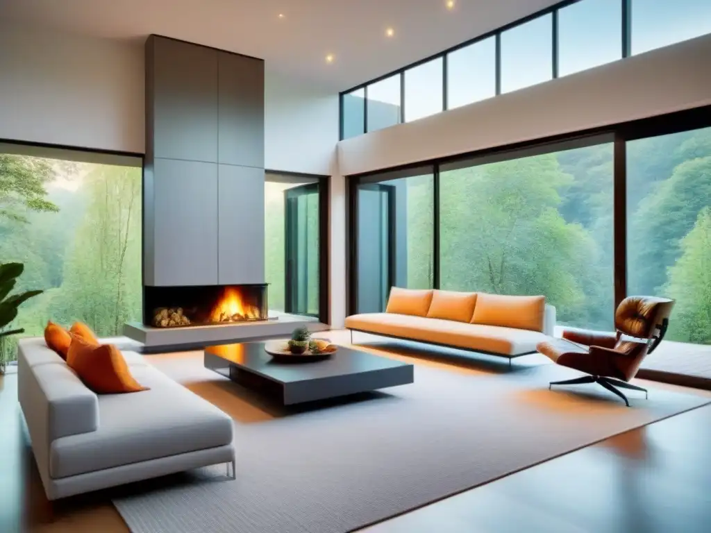 Salón moderno en armonía con la naturaleza: Inversión segura Un salón moderno y sereno con vistas a un frondoso bosque, fusionando espacios interiores y exteriores