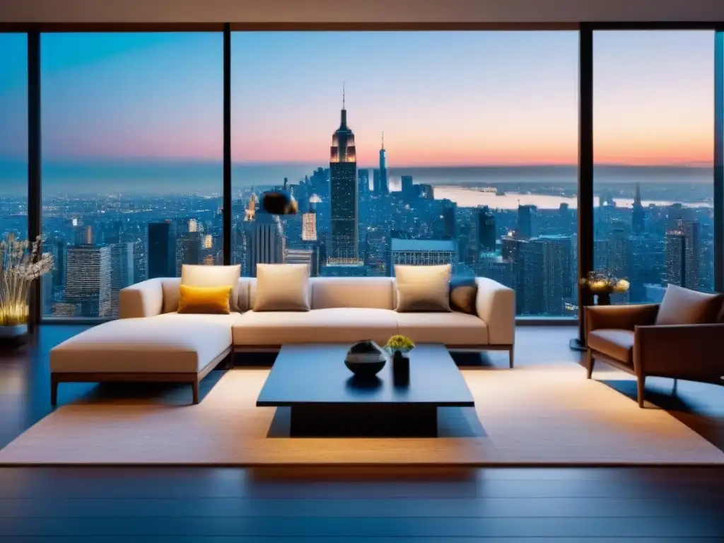 Salón moderno con vista panorámica de ciudad al atardecer Salón moderno con ventanales panorámicos que muestran la ciudad al anochecer