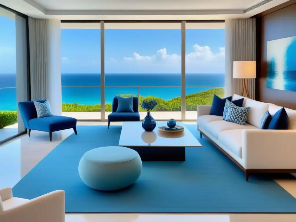 Diseño moderno y sofisticado en timeshare de lujo frente al mar Un salón moderno y vibrante en un lujoso tiempo compartido frente al mar, con muebles de diseñador contemporáneo en tonos azules y blancos