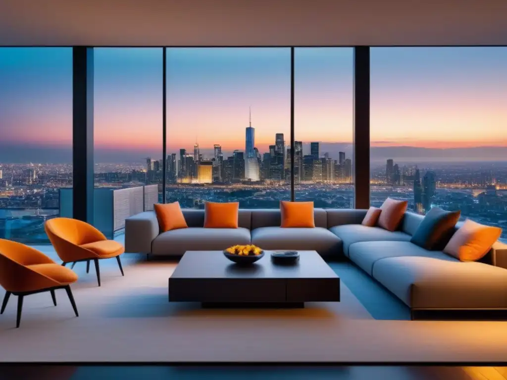 Espectacular sala moderna con vista urbana al anochecer Un salón moderno con vista a la ciudad al atardecer, el momento ideal vender propiedad inmobiliaria
