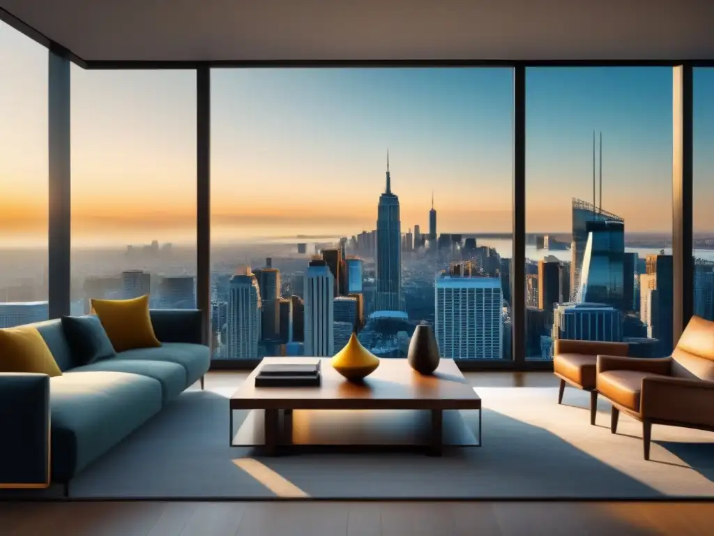 Salón moderno con vistas urbanas: lujo y elegancia Salón moderno con vista a la ciudad, mobiliario elegante y acabados de lujo