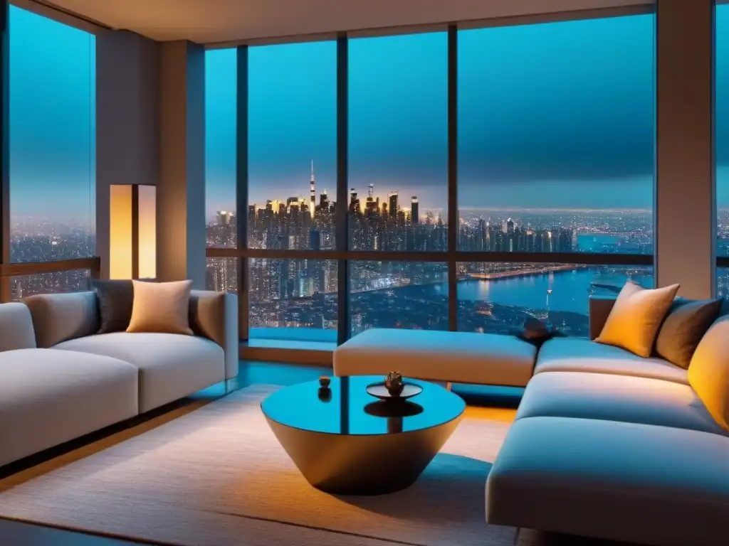 Salón moderno de lujo con vista nocturna a la ciudad Salón moderno con vista de ciudad nocturna, amueblado elegantemente